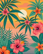 Tropical Leaf and Hibiscus Sunset Design Rug