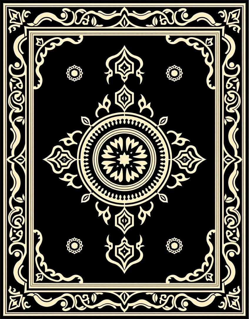 Bold Black Cream Medallion Design Rug