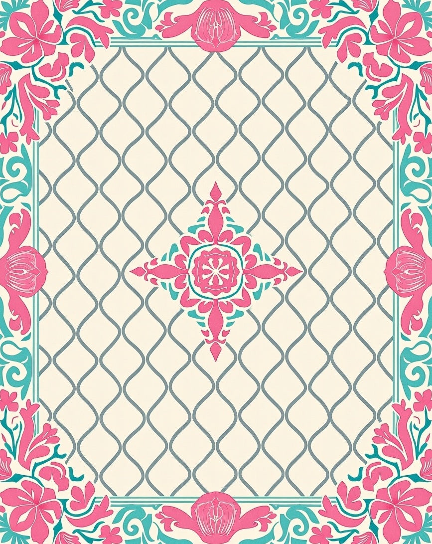 Elegant Pink Teal Floral Lattice Rug