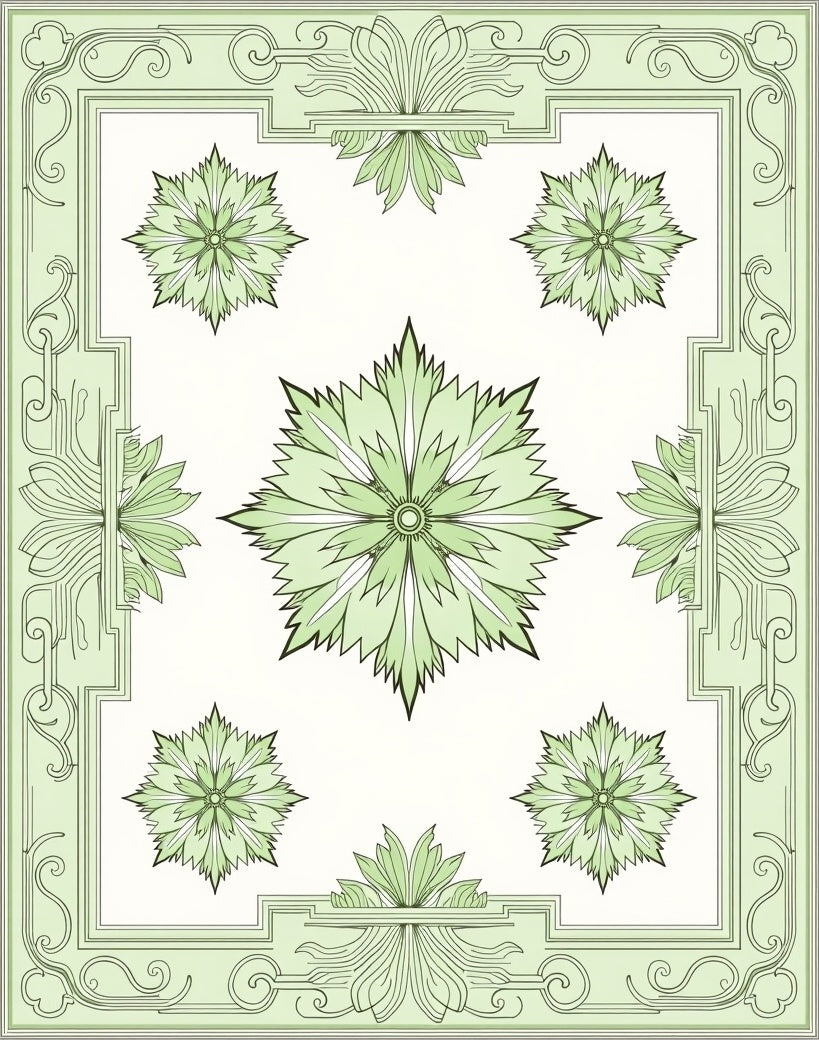 Green Spiky Floral Arrangement Border Rug
