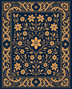 Ornate Floral Vines Dark Blue Rug