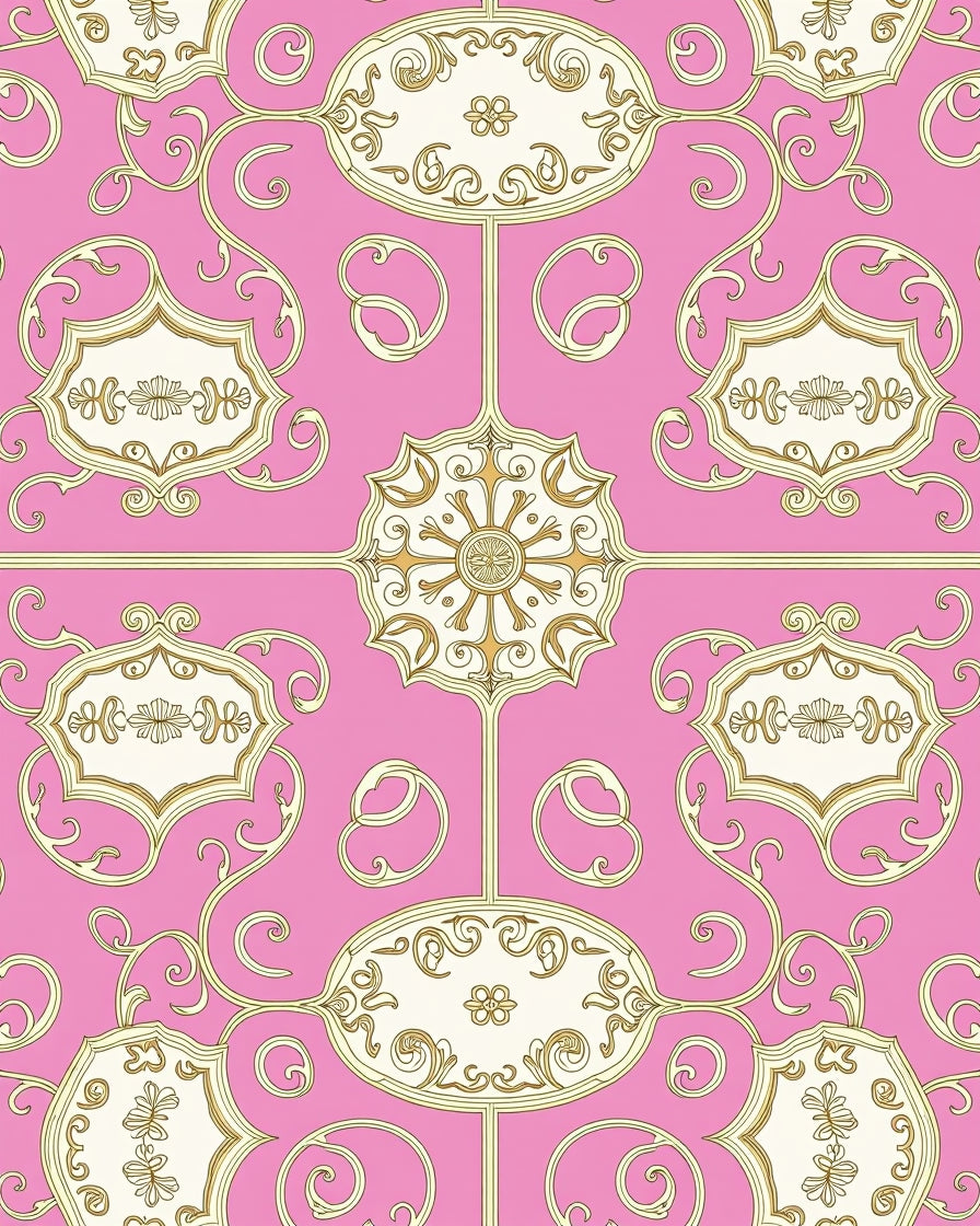 Pink Gold Decorative Scroll Pattern Rug