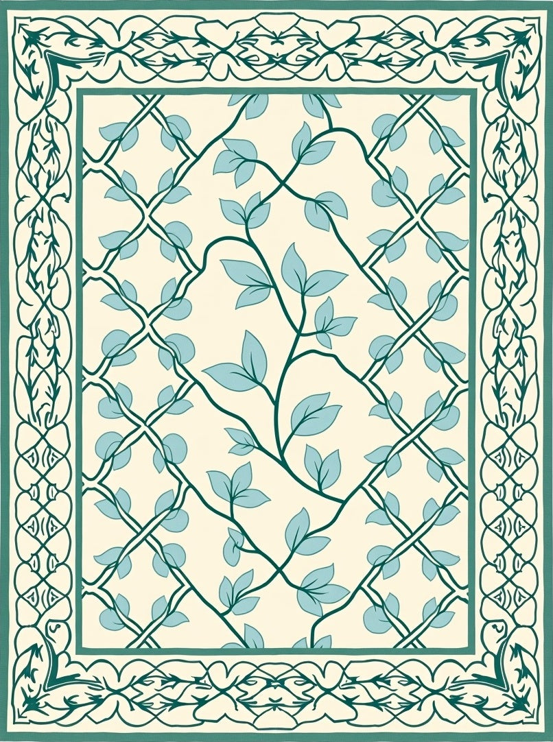 Cream Teal Vine Intertwined Lattice Rug