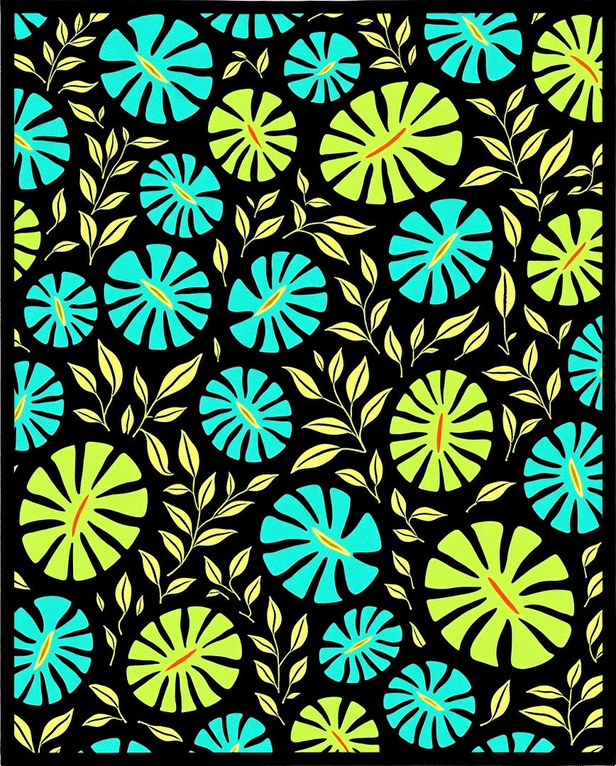 Tropical Bloom Teal Lime Black Rug