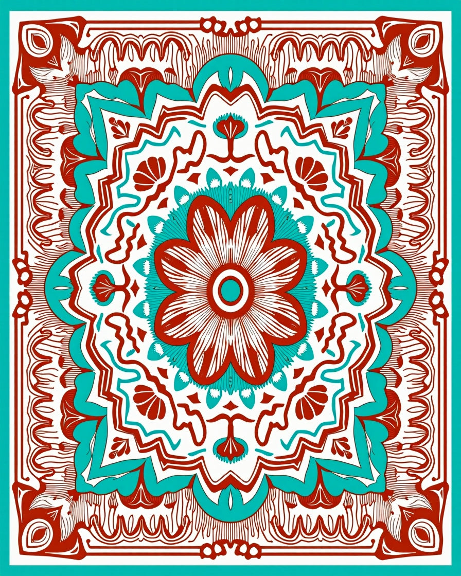 Ornate Red Teal Mandala Design Rug