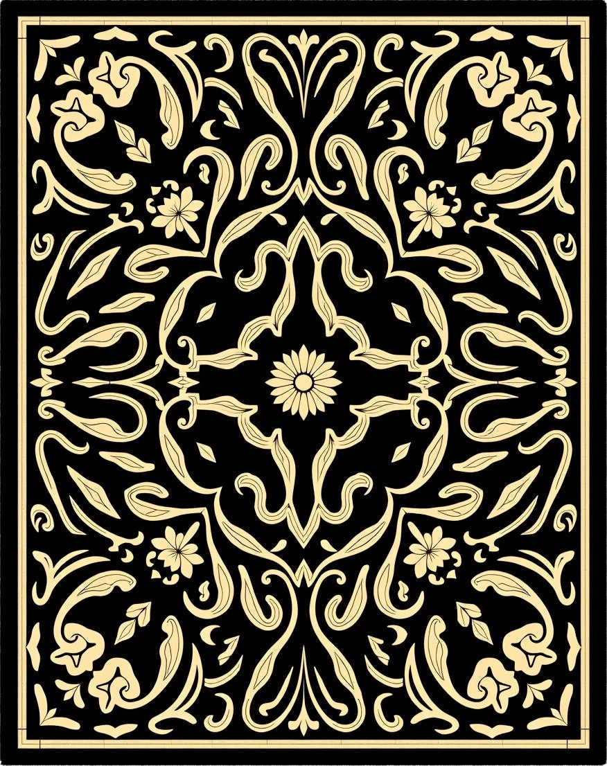 Black Gold Floral Symmetry Pattern Rug