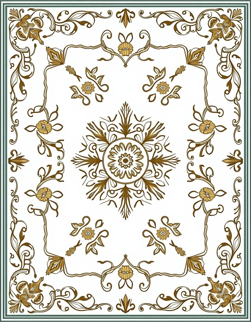 Ornate Golden Floral Scrollwork Design Rug