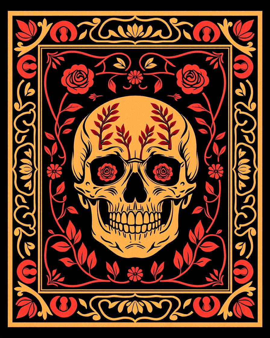 Orange Skull Floral Design Rug