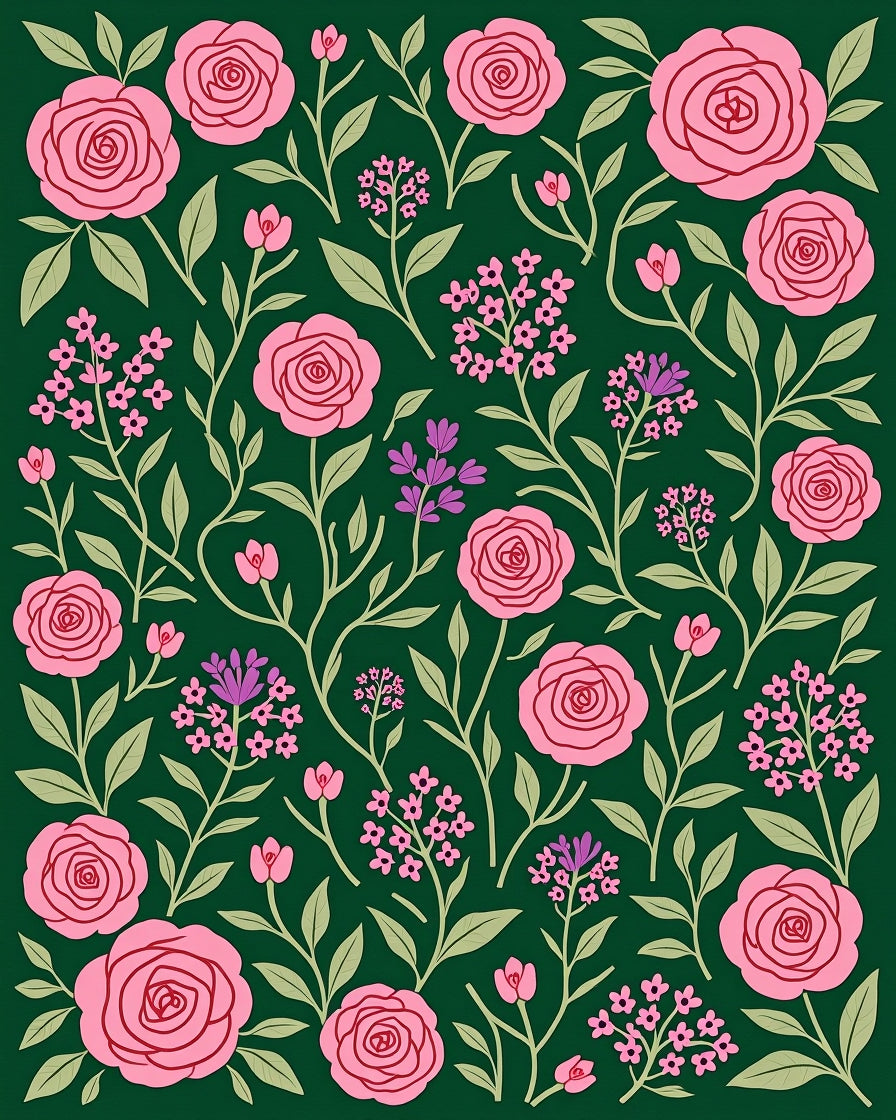 Pink Roses Greenery Floral Pattern Rug
