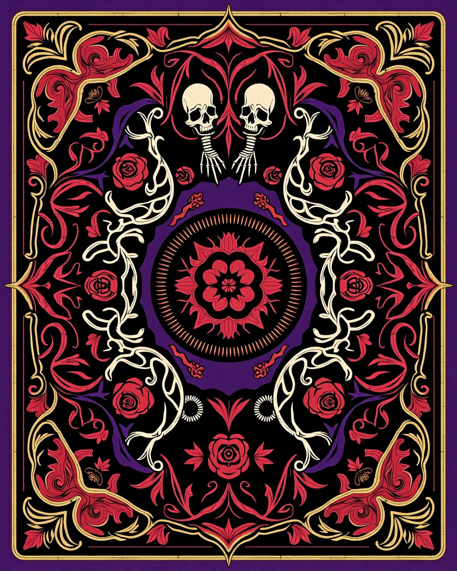 Ornate Skull Rose Floral Pattern Rug