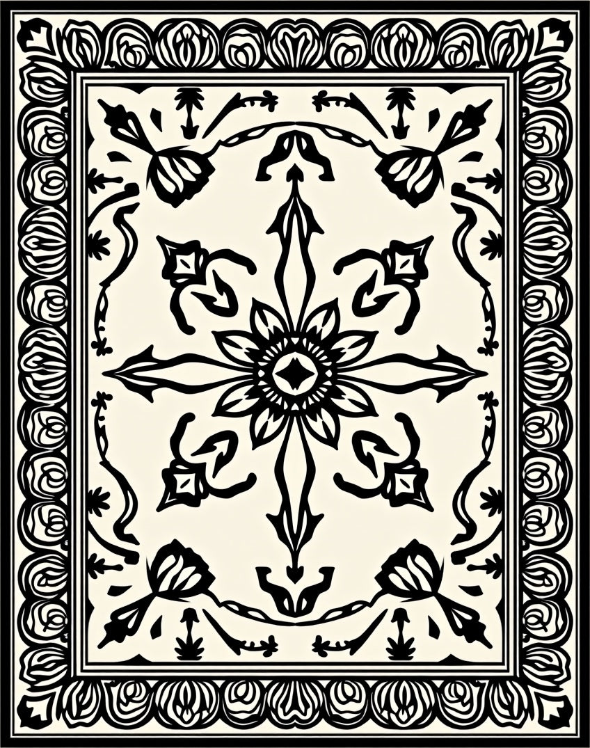 Stylized Floral Motif Border Rug
