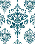 Symmetrical Teal Damask Scrollwork Pattern Rug