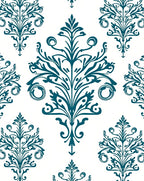Symmetrical Teal Damask Scrollwork Pattern Rug