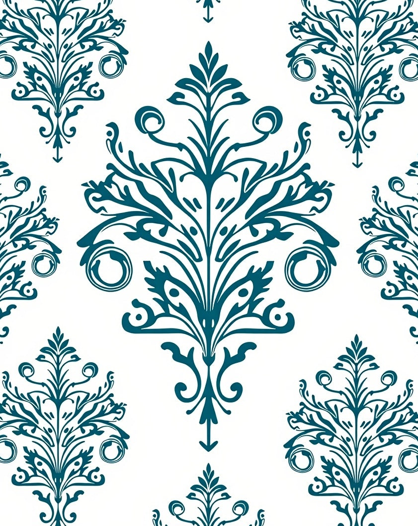 Symmetrical Teal Damask Scrollwork Pattern Rug