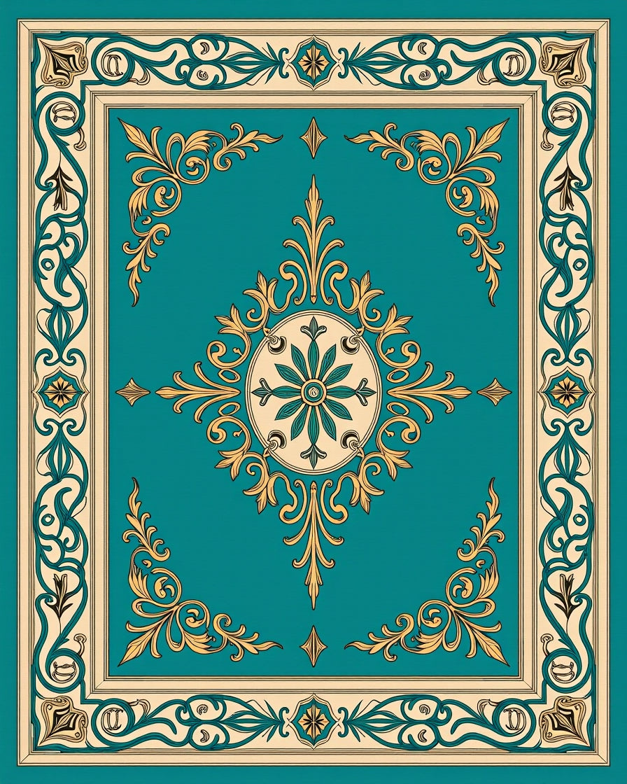 Ornate Teal Gold Scrollwork Pattern Rug