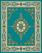 Ornate Teal Gold Scrollwork Pattern Rug