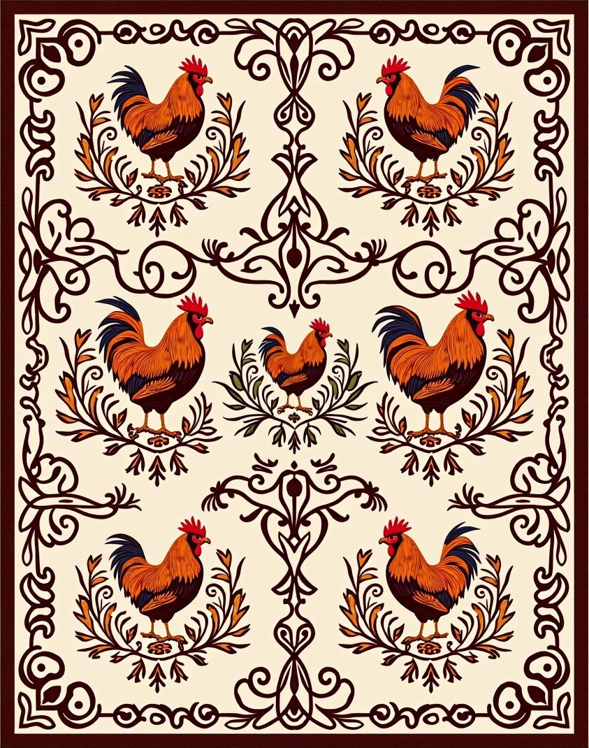 Rustic Rooster Floral Scroll Pattern Rug