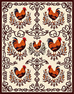Rustic Rooster Floral Scroll Pattern Rug
