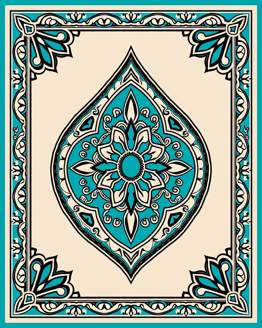 Teal Medallion Intricate Border Design Rug