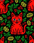 Playful Red Cat Floral Pattern Rug