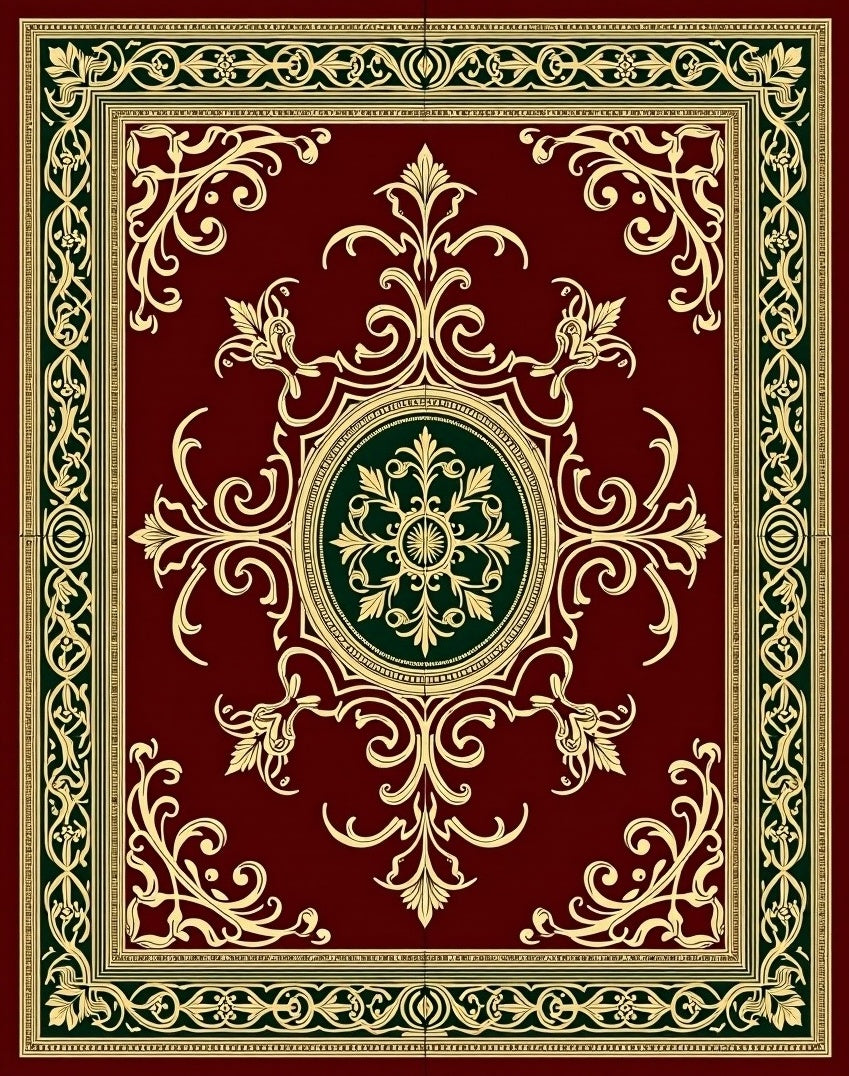 Ornate Burgundy And Gold Scroll Pattern Rug