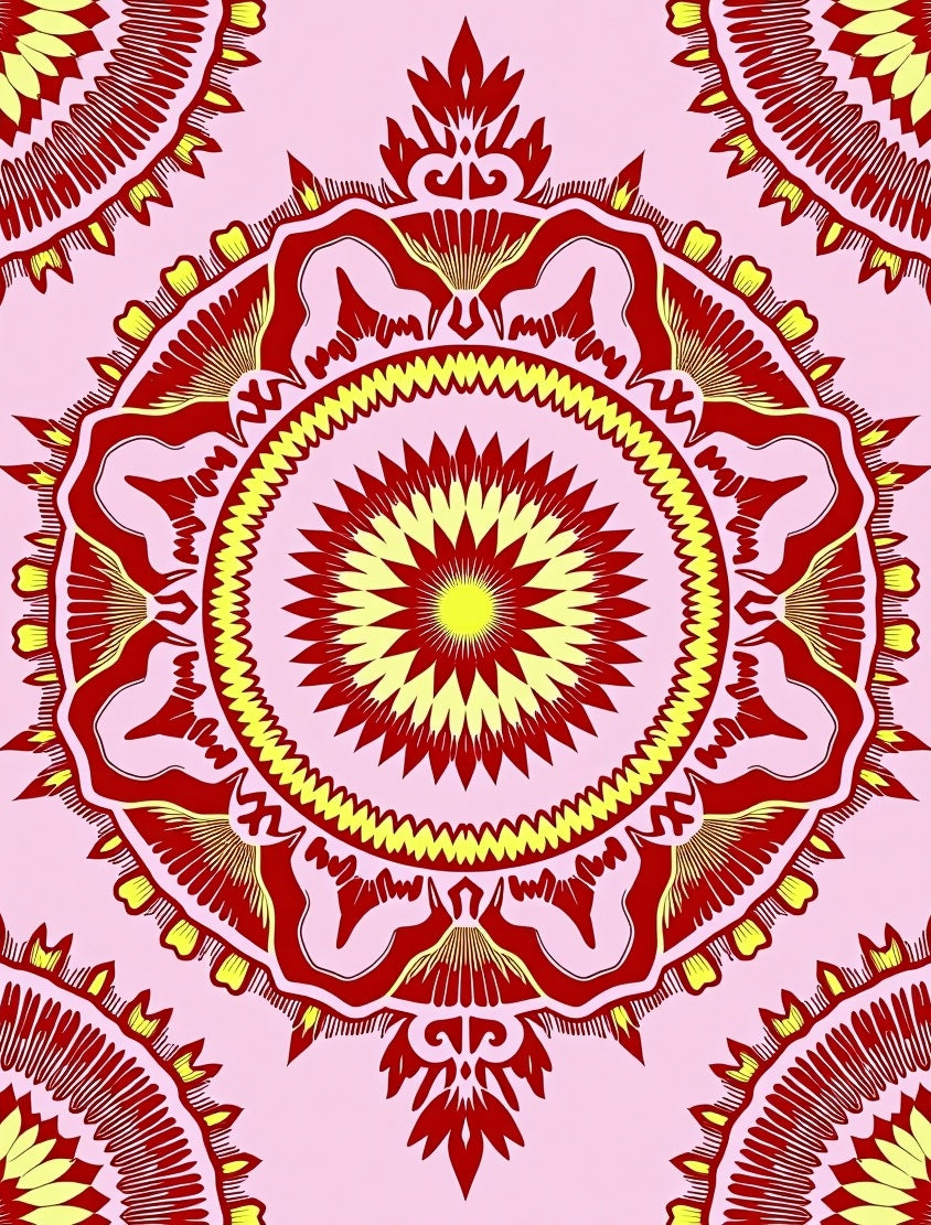 Red Yellow Sunburst Mandala Pattern Rug