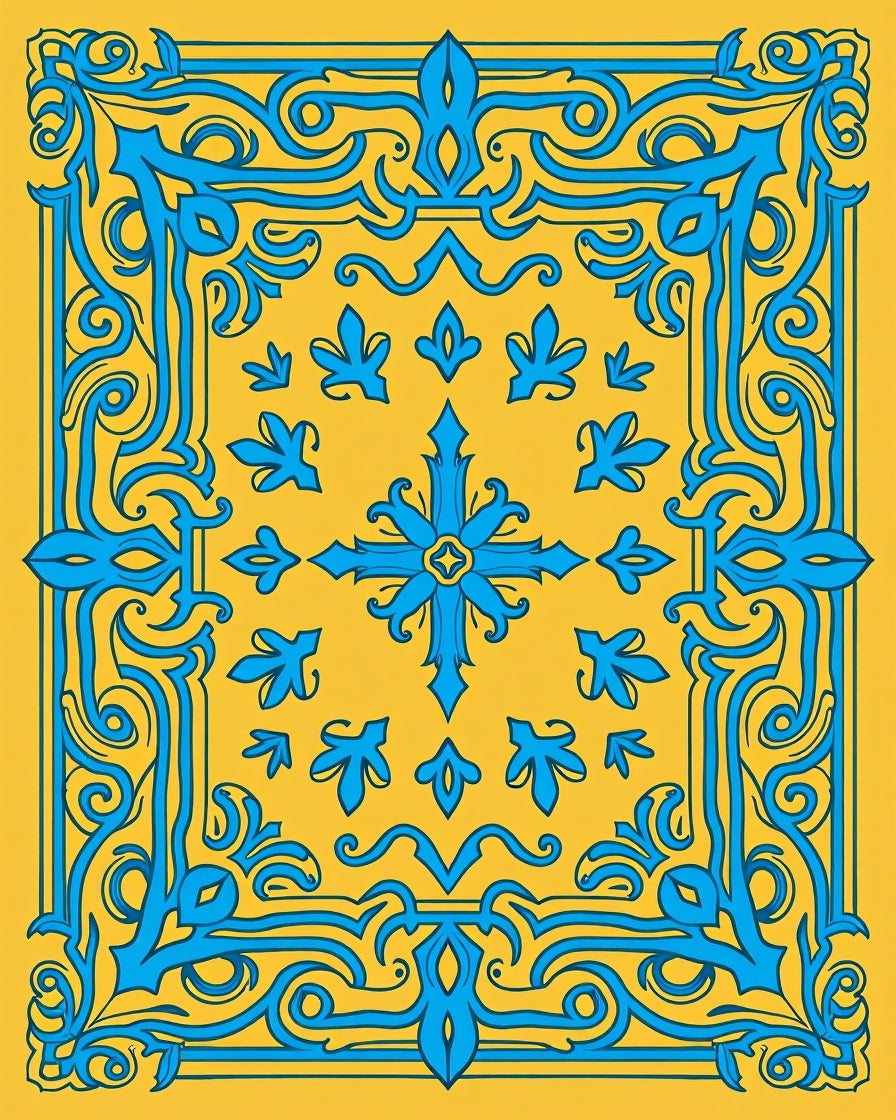 Ornate Blue Floral Yellow Pattern Rug