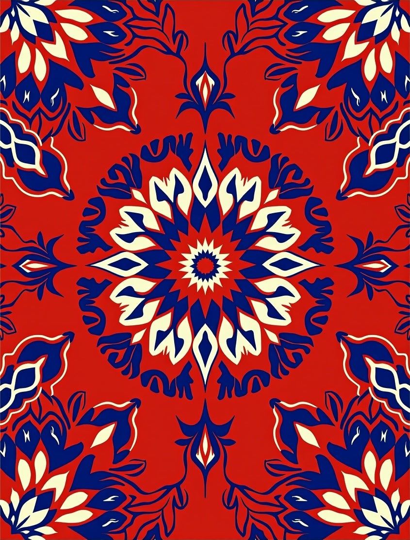 Bold Floral Mandala Red Blue Design Rug