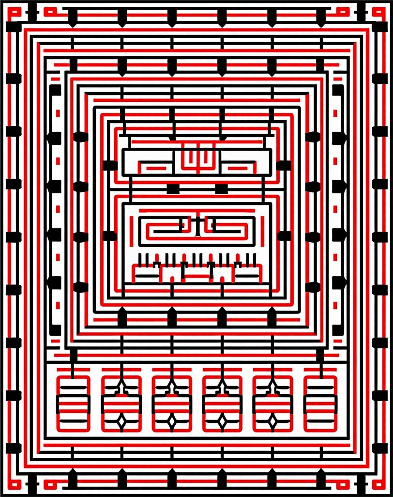 Bold Red Black Geometric Maze Rug