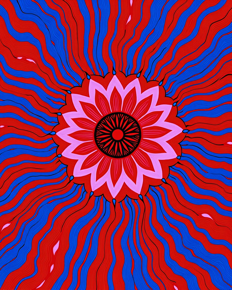 Bold Red Blue Sunburst Mandala Rug