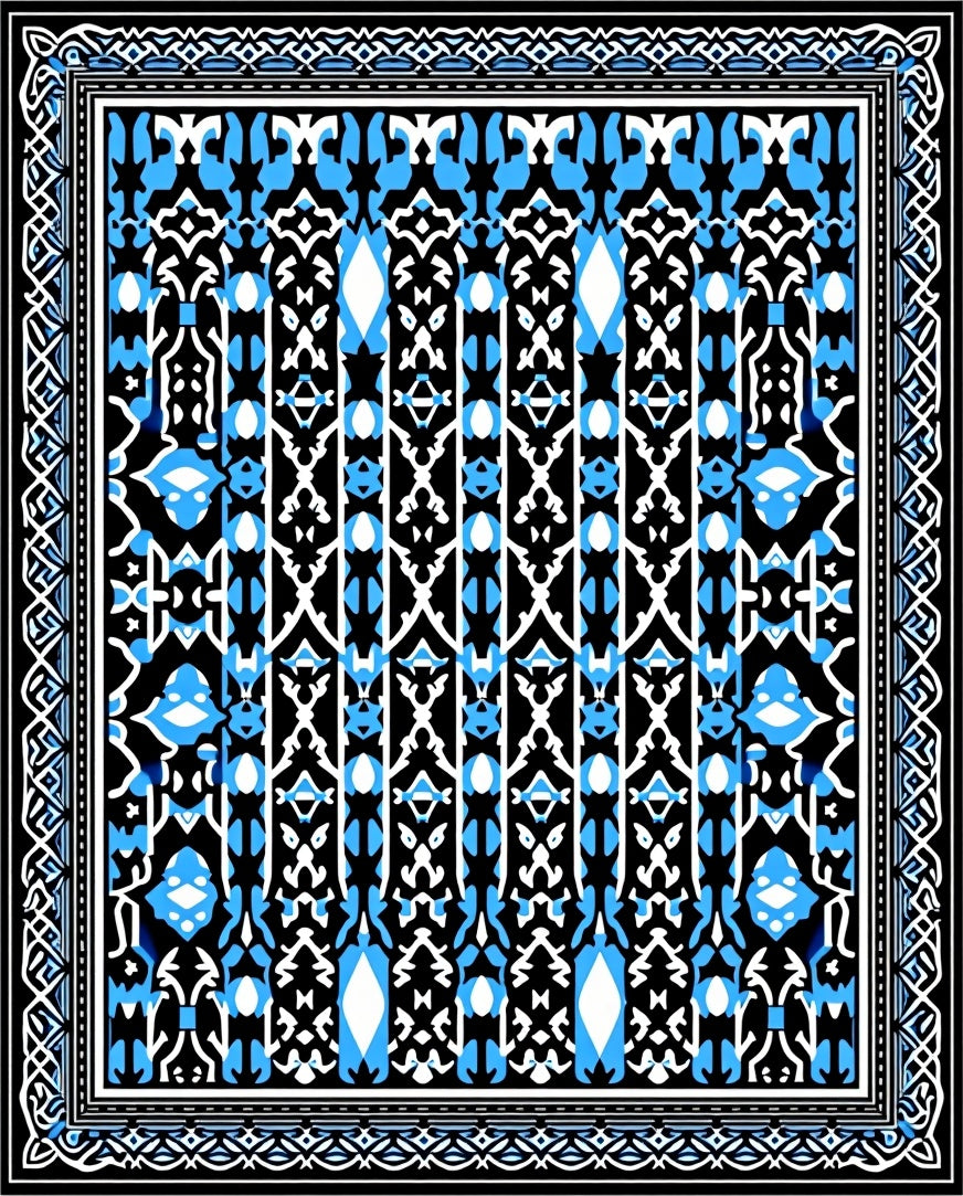 Blue White Black Abstract Geometric Design Rug