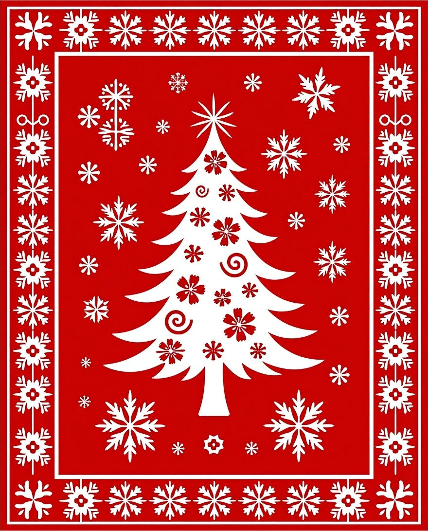 Festive Red White Tree Snowflakes Pattern Rug