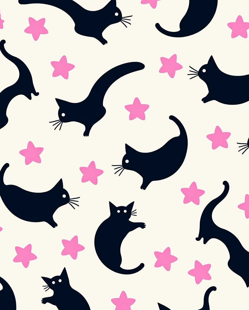 Playful Black Cats With Pink Stars Pattern Rug