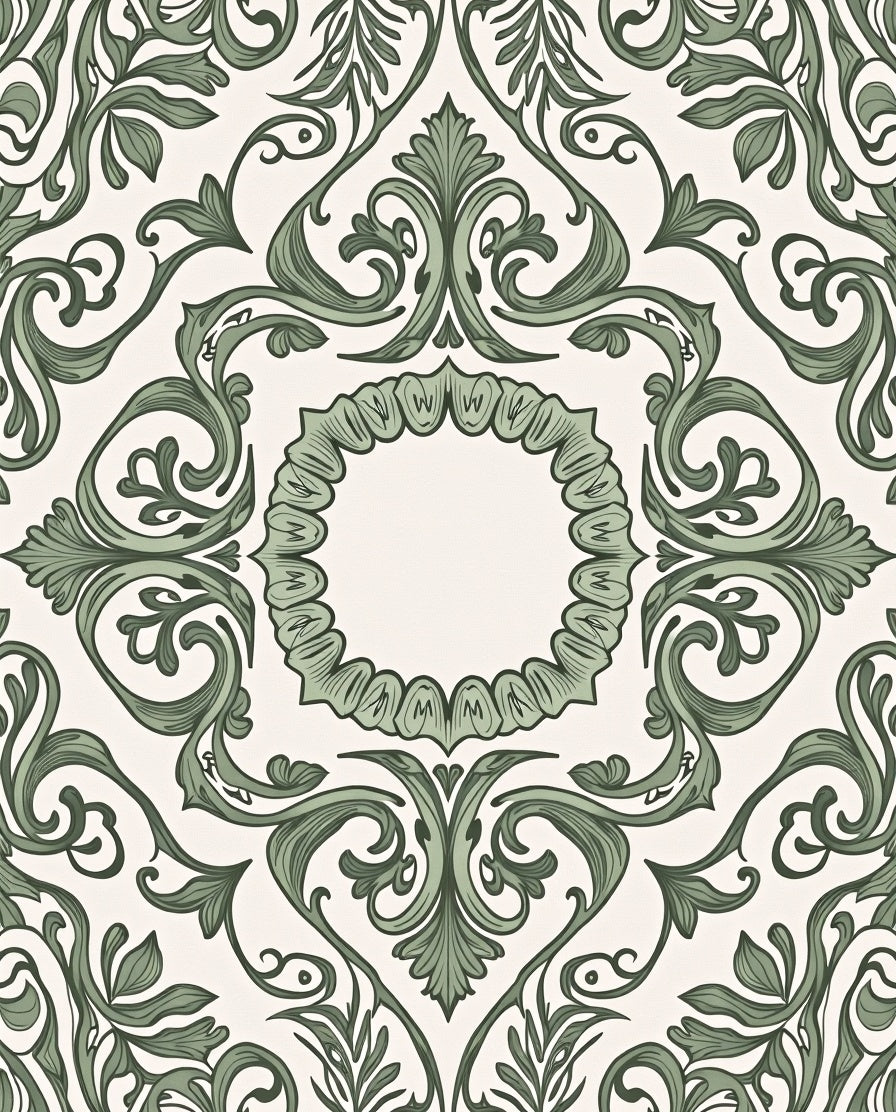 Vintage Green Scroll Leaf Damask Rug