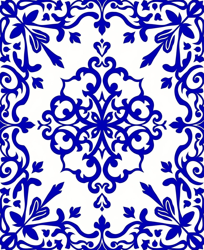 Elegant Blue Swirl Floral Ornament Rug