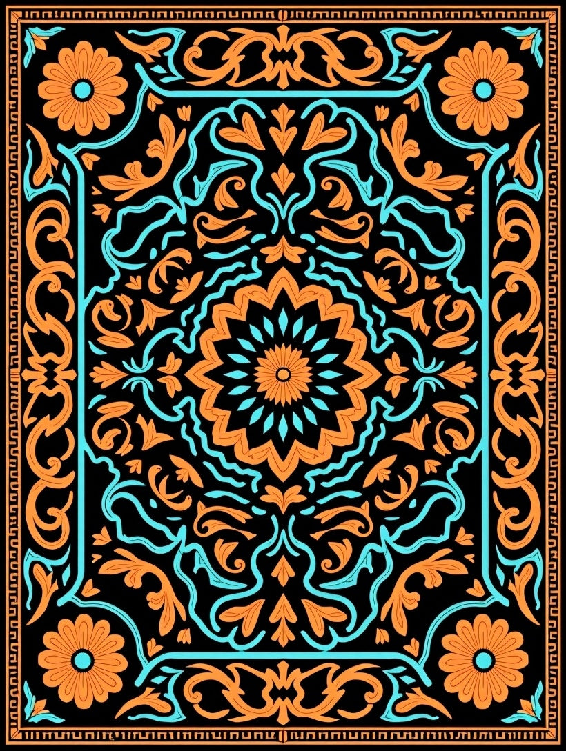 Orange Blue Floral Medallion Pattern Rug