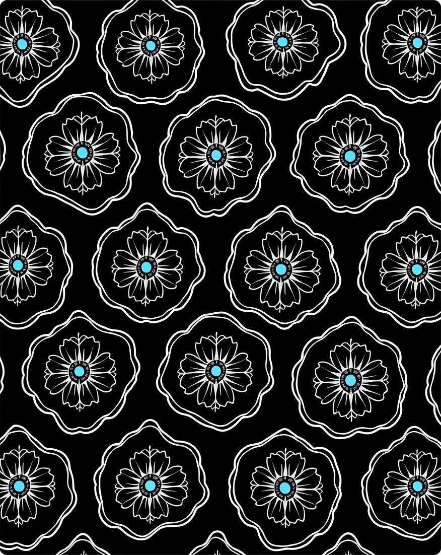 Black White Floral Blue Center Bloom Rug
