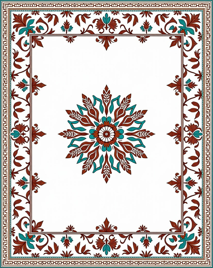 Ornate Floral Medallion Border Design Rug