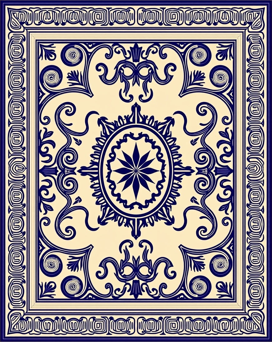 Classic Blue White Ornate Pattern Rug