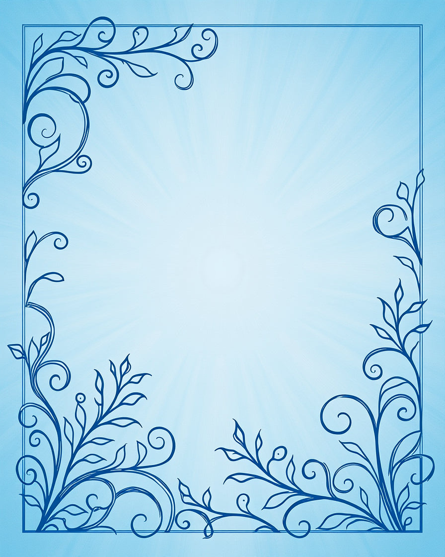 Blue Swirling Floral Ornate Border Design Rug