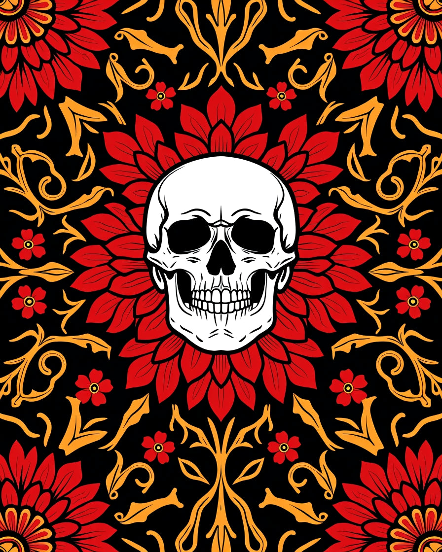 Red Floral Skull Pattern Rug