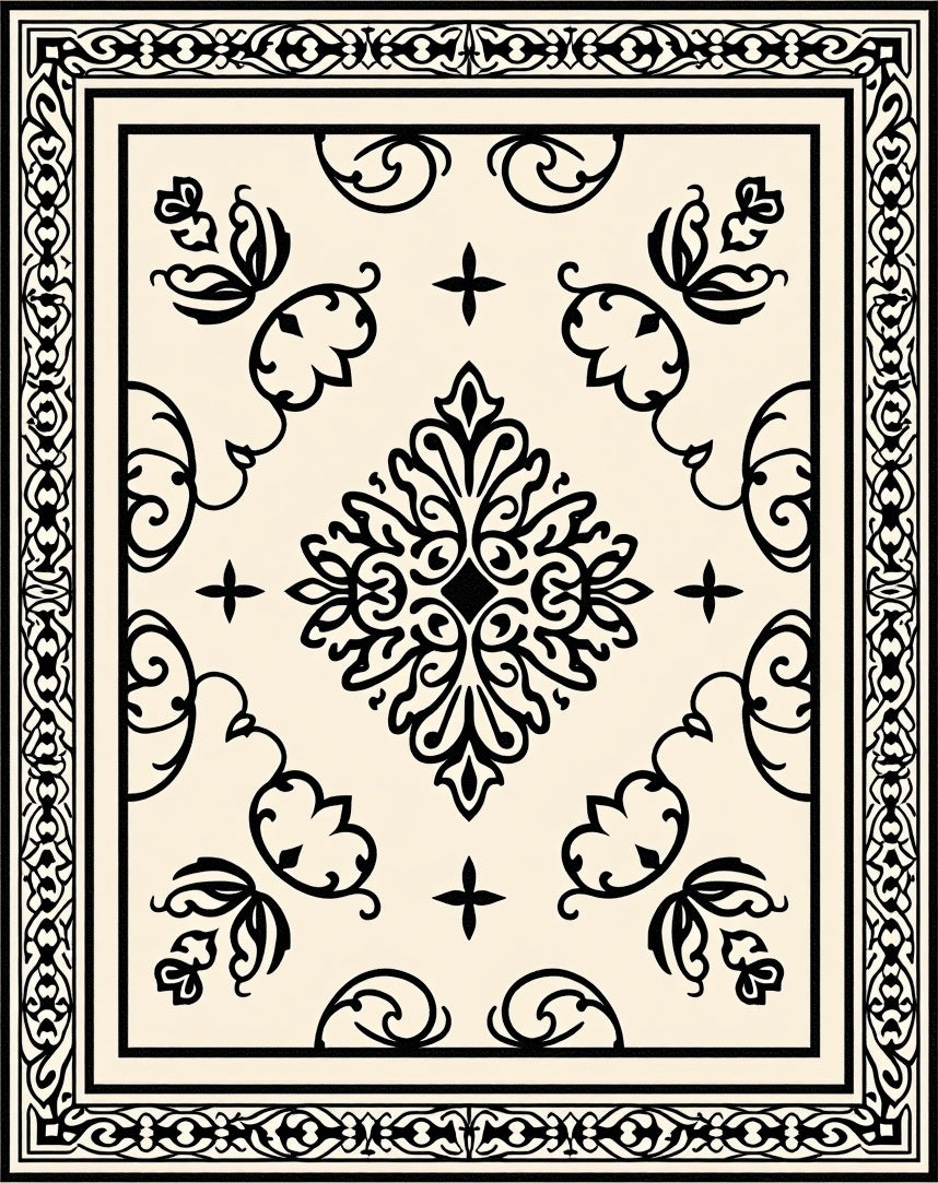 Black Cream Ornate Floral Rug