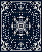 Dark Blue White Floral Mandala Textile Rug