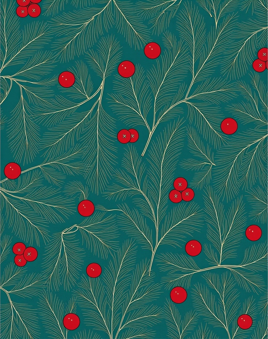 Deep Teal Red Berry Evergreen Foliage Rug