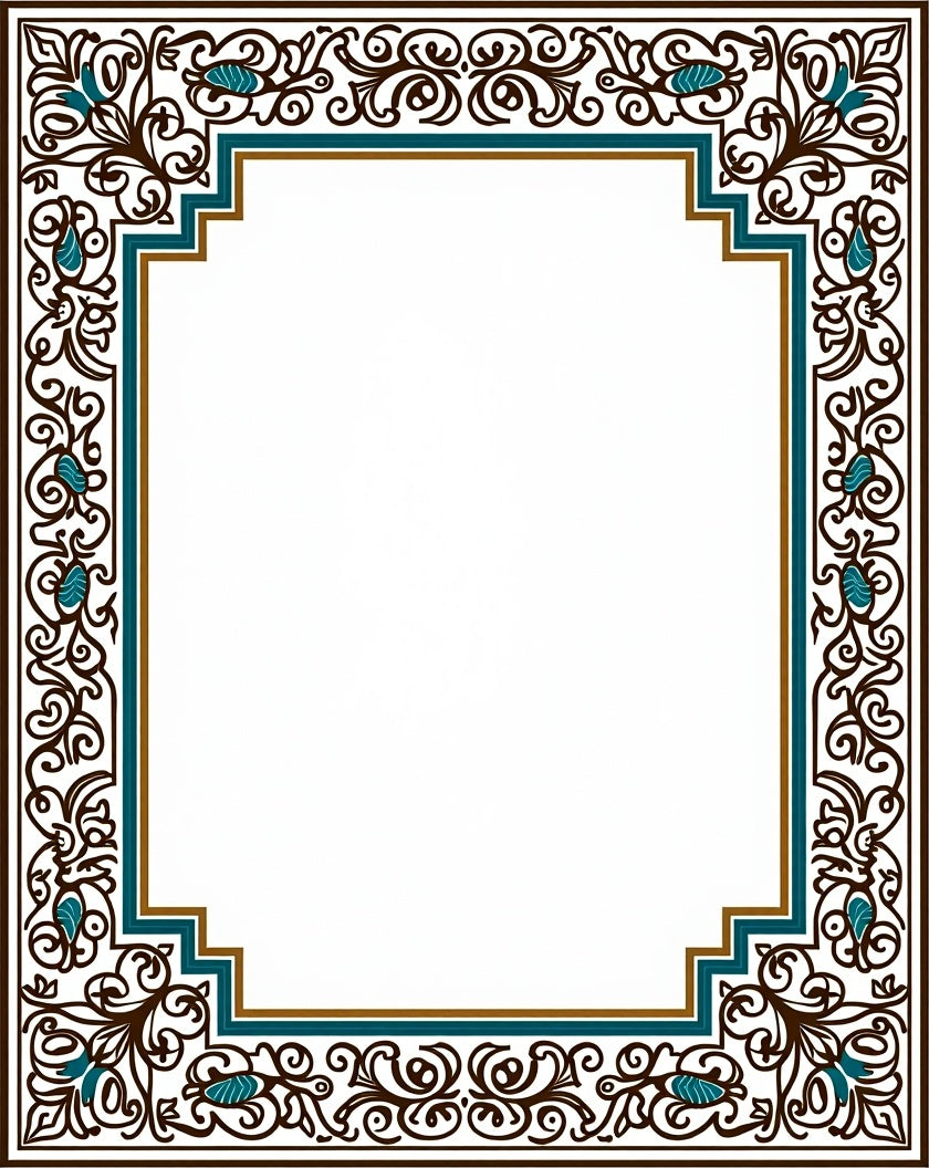 Dark Teal Brown Floral Scroll Border Rug