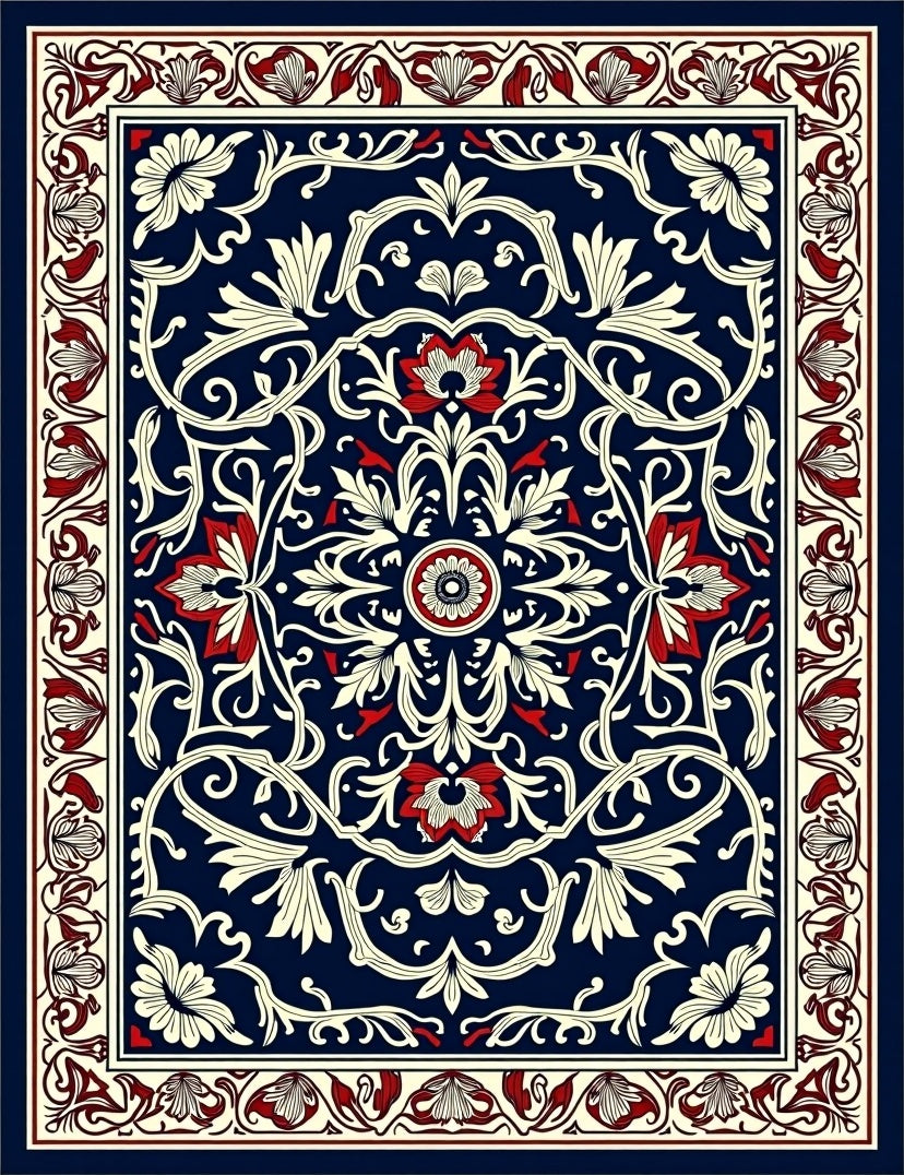 Ornate Floral Vines Navy Rug