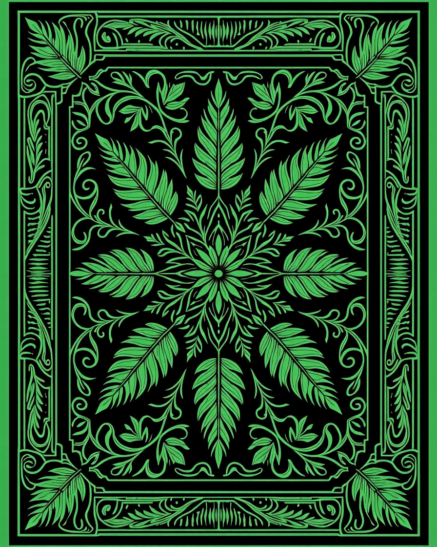 Bright Green Leaf Mandala Border Rug
