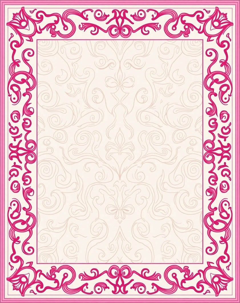 Ornate Pink Floral Scrollwork Border Rug