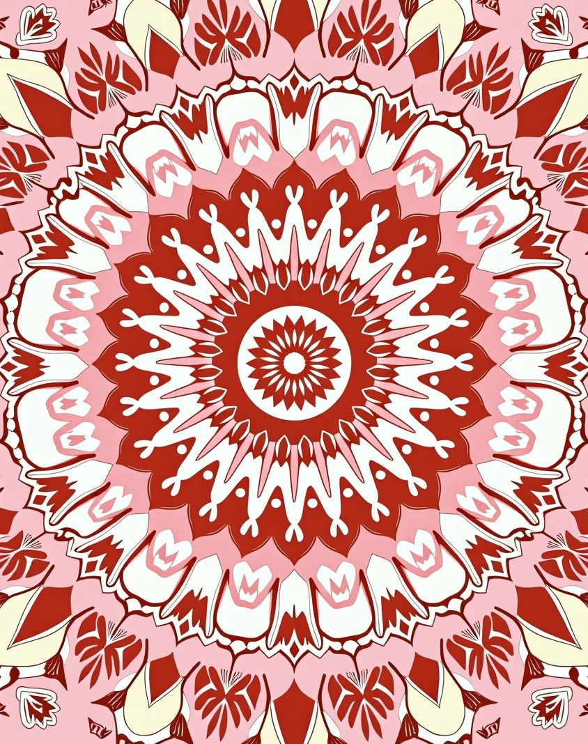 Red Pink Floral Mandala Style Rug