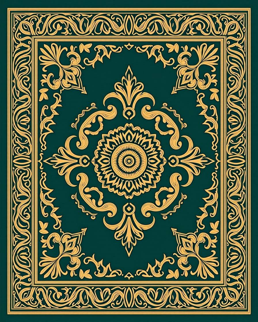 Emerald Green Golden Medallion Scroll Rug